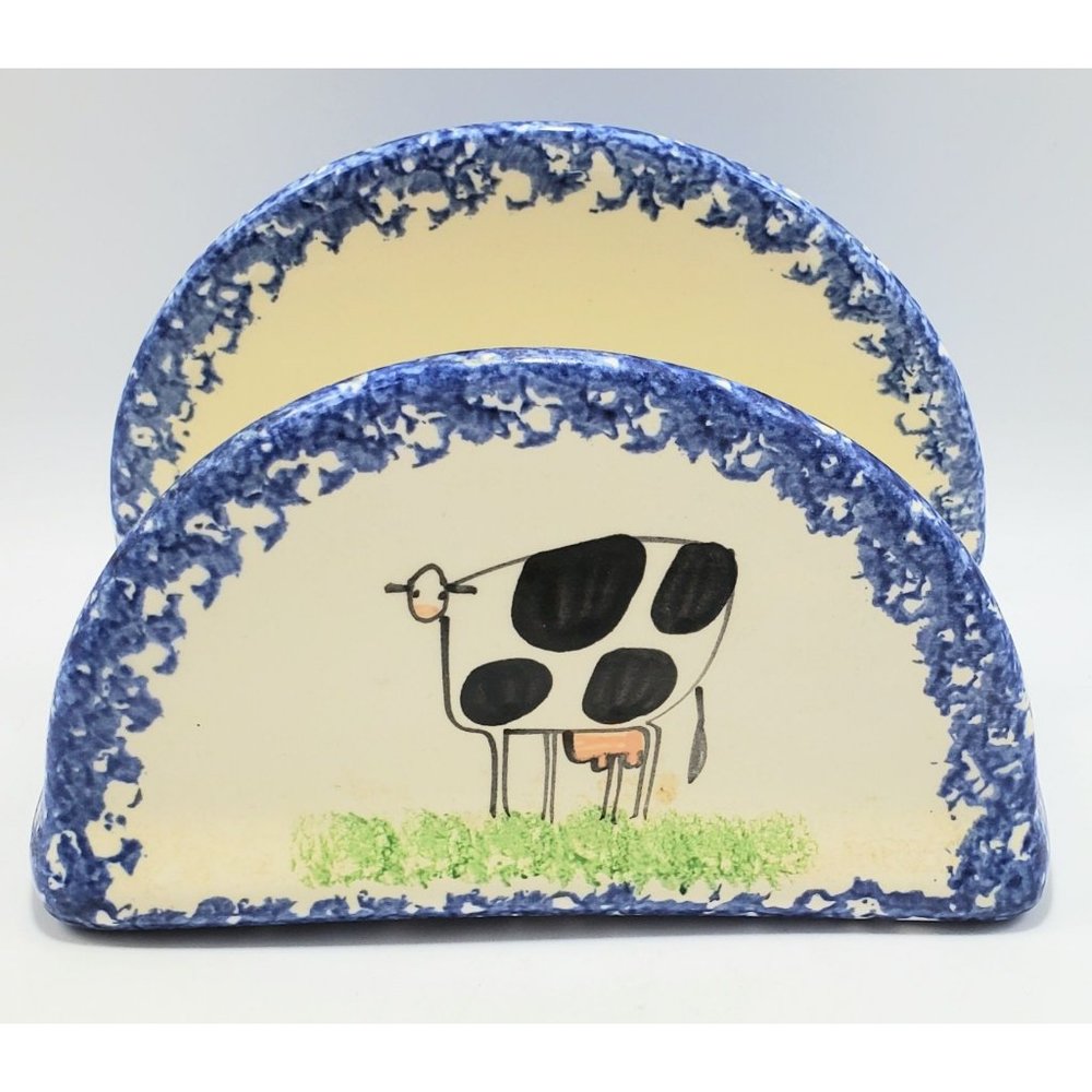 Molly Dallas Spatterware Pottery Napkin Holder Ceramic Cow Farmhouse Vintage
